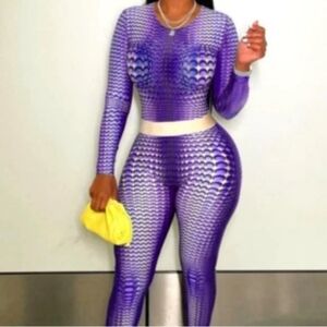 Skewed Purple Blue Ombre Dotted Illusion Moonfish Bodycon Crop Top & Pan…